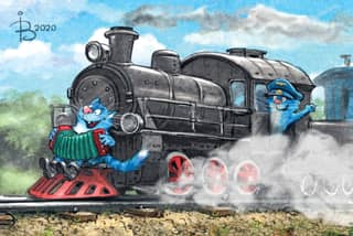 Postcard. Blue Cats. Accordionist on a Train.