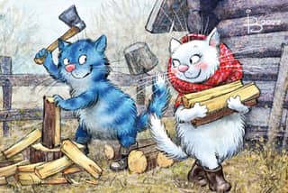 Postcard. Blue cats. Chopping wood.