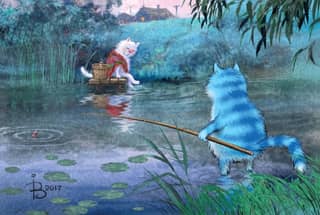 Postcard. Blue cats. Beauty on the river.