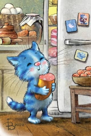 Postcard. Blue cats. By the refrigerator.