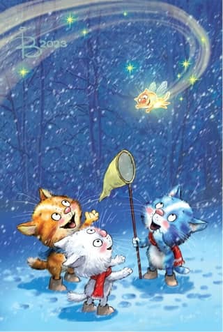Postcard. Blue cats. Kitty in the forest.