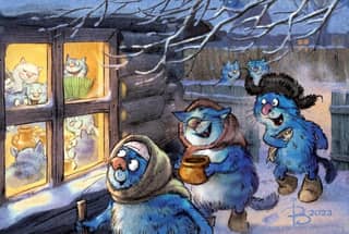 Postcard. Blue Cats. Evening Gathering.