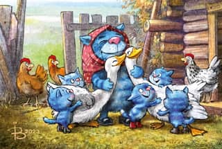 Postcard. Blue cats. Favorite geese.