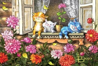 Postcard. Blue cats. Kittens on the windowsill.