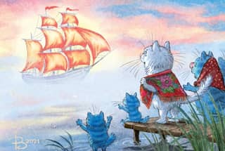 Postcard. Blue Cats. Scarlet Sails.