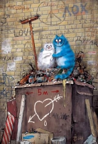 Postcard. Blue cats. Stray cats.