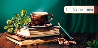 Money envelope. Happy Birthday! A cup of coffee with books.
