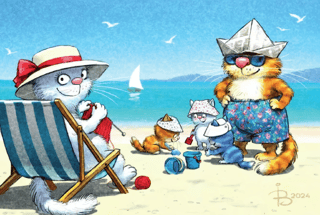 Postcard. Blue cats. Family by the sea.