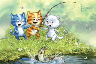 Postcard. Blue Cats. Kittens Fishing