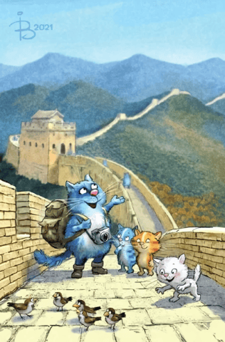 Postcard. Blue cats. Great Wall of China.