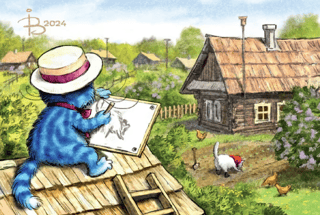 Postcard. Blue cats. Painting