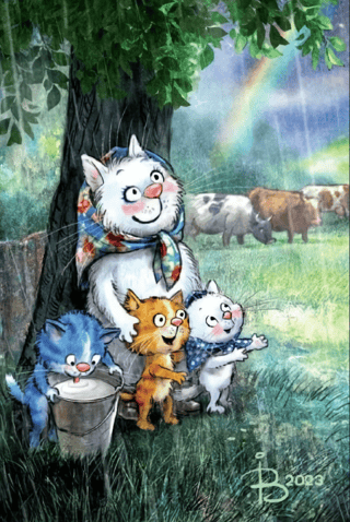 Postcard. Blue cats. Rain.