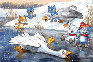 Postcard. Blue cats. Geese on ice.
