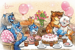 Postcard. Blue cats. March guests.