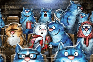 Postcard. Blue cats. Cinema.
