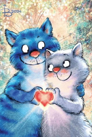 Postcard. Blue cats. Valentine's Day.