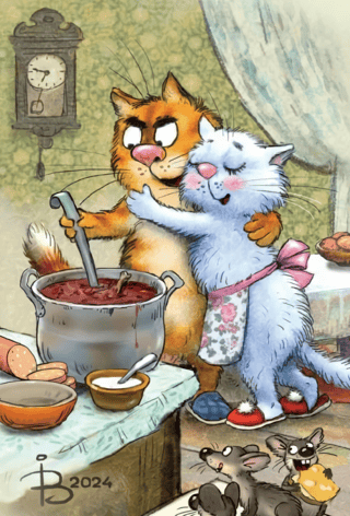 Postcard. Blue cats. Borscht.