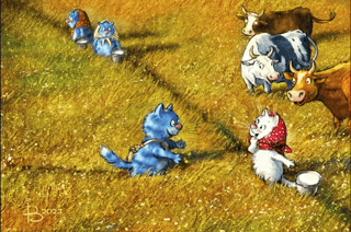 Postcard. Blue cats. Meeting in the meadow.