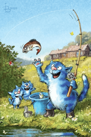 Postcard. Blue cats. They're biting, hook them!