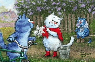 Postcard. Blue cats. White lilacs.
