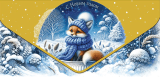 Money envelope. Happy New Year! Little fox in a blue hat and scarf.