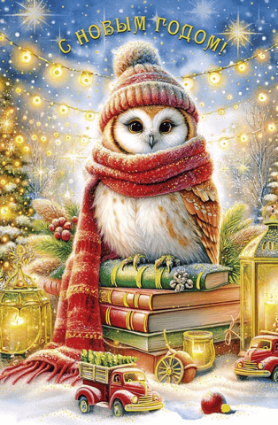 Postcard. Happy New Year! An owl in a hat and scarf on books.