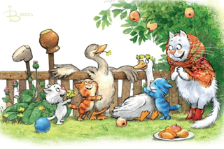 Postcard. Blue cats. Two happy geese.