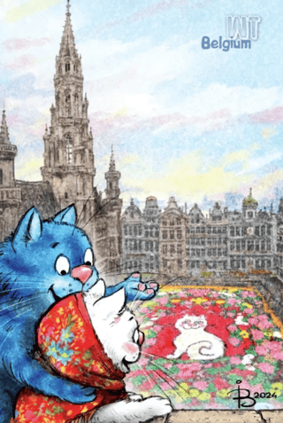 Postcard. Blue cats. Cats travel. Belgium.