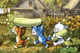 Postcard. Blue Cats. Zucchini Theft.