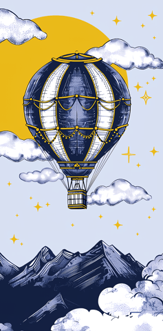 Money envelope. Hot air balloon in the starry sky.