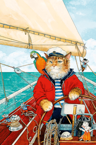 Открытка. Кот-капитан и мышата