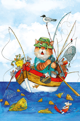 Открытка. Кот-рыбак и мышиный улов