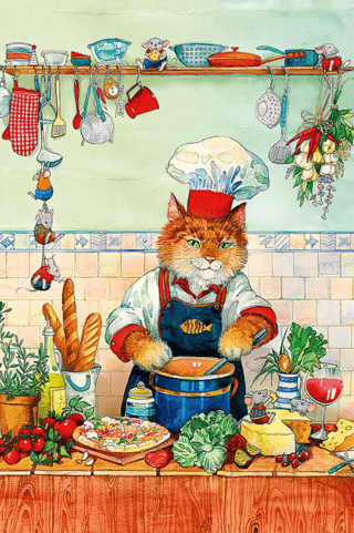 Открытка. Кот и мышата на кухне