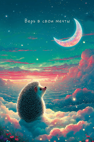 Открытка. Верь в свои мечты. Ежик в облаках