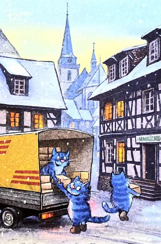 Открытка. Синие коты. Работа не ждёт!