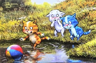 Открытка. Синие коты. Уронили в речку мяч