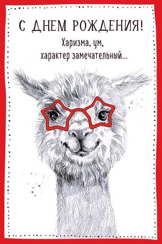 Открытка. С Днём рождения! Харизма, ум, характер замечательный… Лама в очках