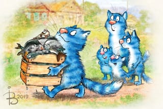 Открытка. Синие коты. Большой улов