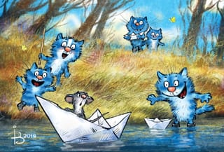 Открытка. Синие коты. Мышка сплавляется по реке
