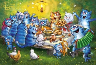 Открытка. Синие коты. Вечернее застолье