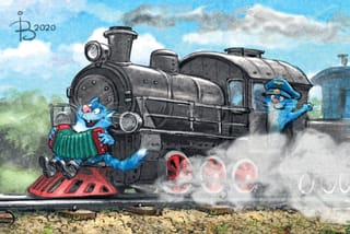 Открытка. Синие коты. Баянист на поезде