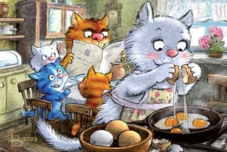 Открытка.  Синие коты. В ожидании завтрака