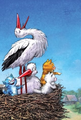 Открытка.  Синие коты. Аисты и котята