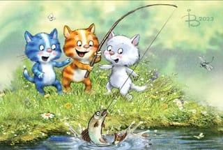 Открытка. Синие коты. Котята на рыбалке