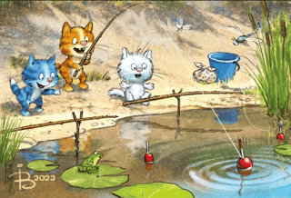 Открытка. Синие коты. Клев