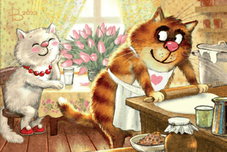 Открытка. Синие коты. Праздничный завтрак