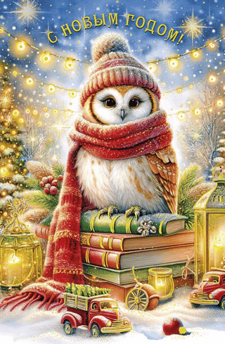 Открытка. С Новым годом! Сова в шапке и шарфе на книгах