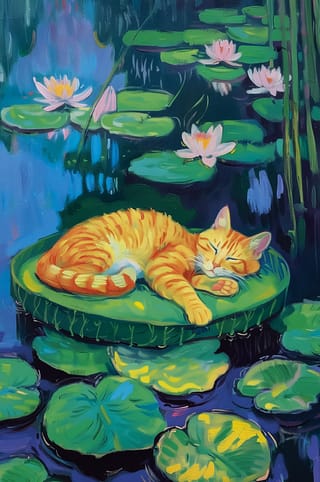 Открытка. Спящий кот в пруду с лотосами