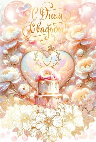 Открытка. С Днем Свадьбы! Торт и пионы