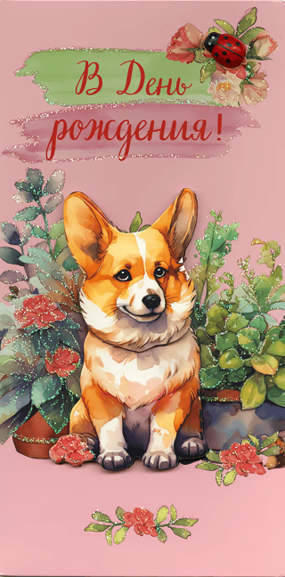 Конверт для денег. В день рождения! Корги в растениях